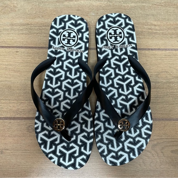 Tory Burch Monochrome Geometric Flip Flops Women’s Size 8 - Picture 1 of 7